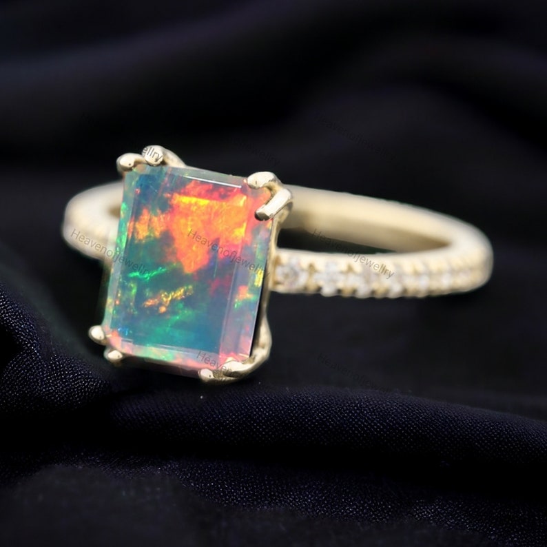 Emerald Cut Opal Ring, Delicate Bridal Engagement Ring, October Birthstone Ring 14k Solid Yellow Gold Diamond Ring, Holiday Gift For Wife image 6