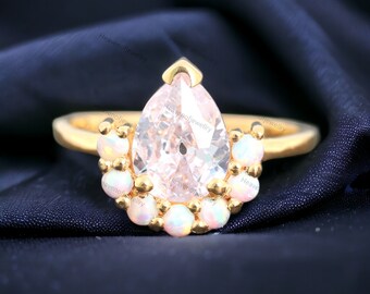 Anillo de aniversario de moissanita en forma de pera, anillo de medio halo de ópalo de corte redondo, joyería fina para mujeres, anillo de mujer Art Déco, regalo para el anillo de bodas de la madre