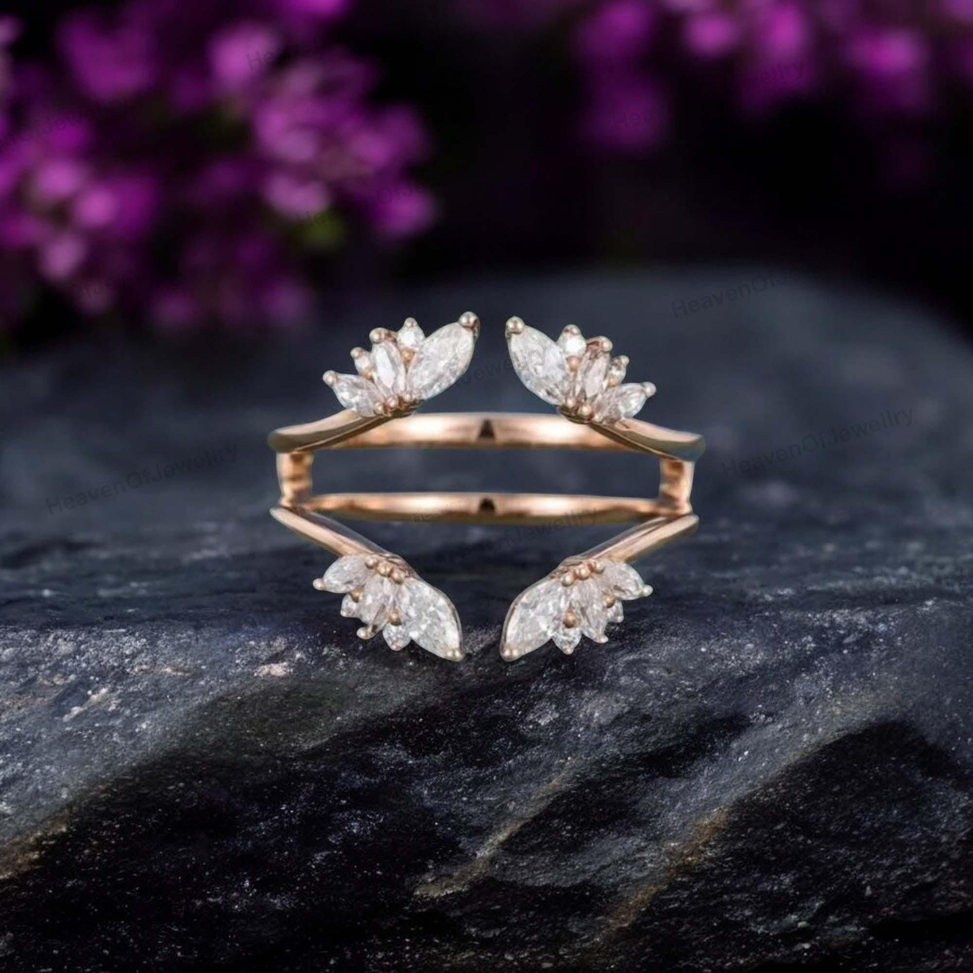 Marquise Moissanite Double Curved Wedding Band Rose Gold Art Deco ...
