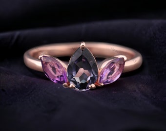 Pear Cut Twig Vine Color Change Alexandrite Promise Ring 14k Rose Gold Design Cluster Amethyst Ring Crystal Wedding jewelry Engagement Gift