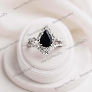 Vintage black onyx engagement ring sterling silver ring art deco curved stacking band pear shaped bridal set unique moissanite wedding set