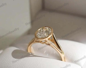 Massief gouden gespleten schacht ovaal geslepen moissaniet verlovingsring, solitaire beloftering, dagelijkse slijtage klassieke stijl ring, ring set trouwring