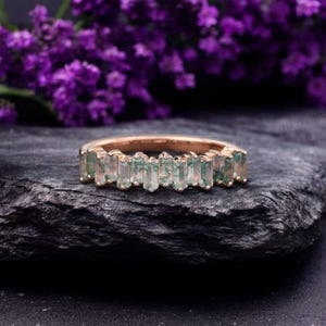 Baguette Moss Agate Wedding Band Unique Half Eternity 14K Rose Gold  Promise Ring Aquatic Agate Ring Art Deco Stacking Ring Anniversary Gift