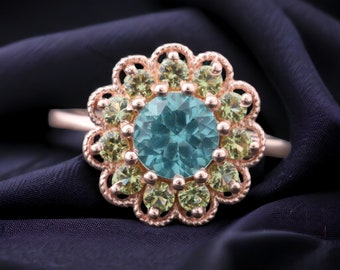 Art Deco Topaz Flower Ring Natuur Inspire Peridot Halo Ring10K Rose Gold Bruidsverlovingsring December Birthstone Sieraden Aangepaste geschenken