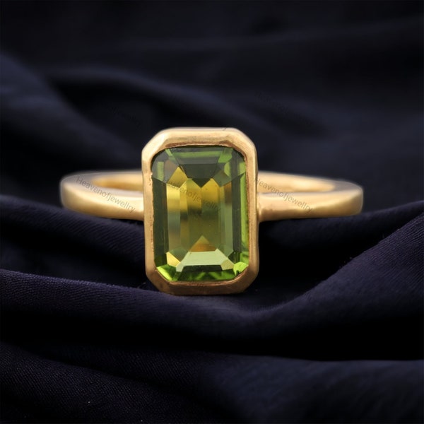 Peridot Ring, 925 Solid Sterling Silver, Beautiful Emerald Cut Green Peridot Quartz Gemstone, Rose Gold, 14K Yellow Gold Fill, Gift Ring