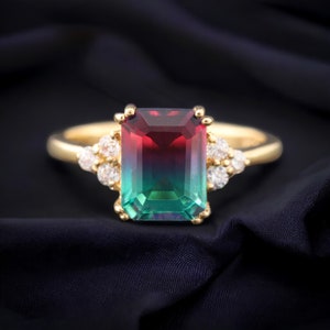 Emerald Watermelon Tourmaline Ring 14k Yellow Gold Art Deco Ring Vintage Diamond Cluster Ring Handmade Jewelry Statement Ring Gift for Women