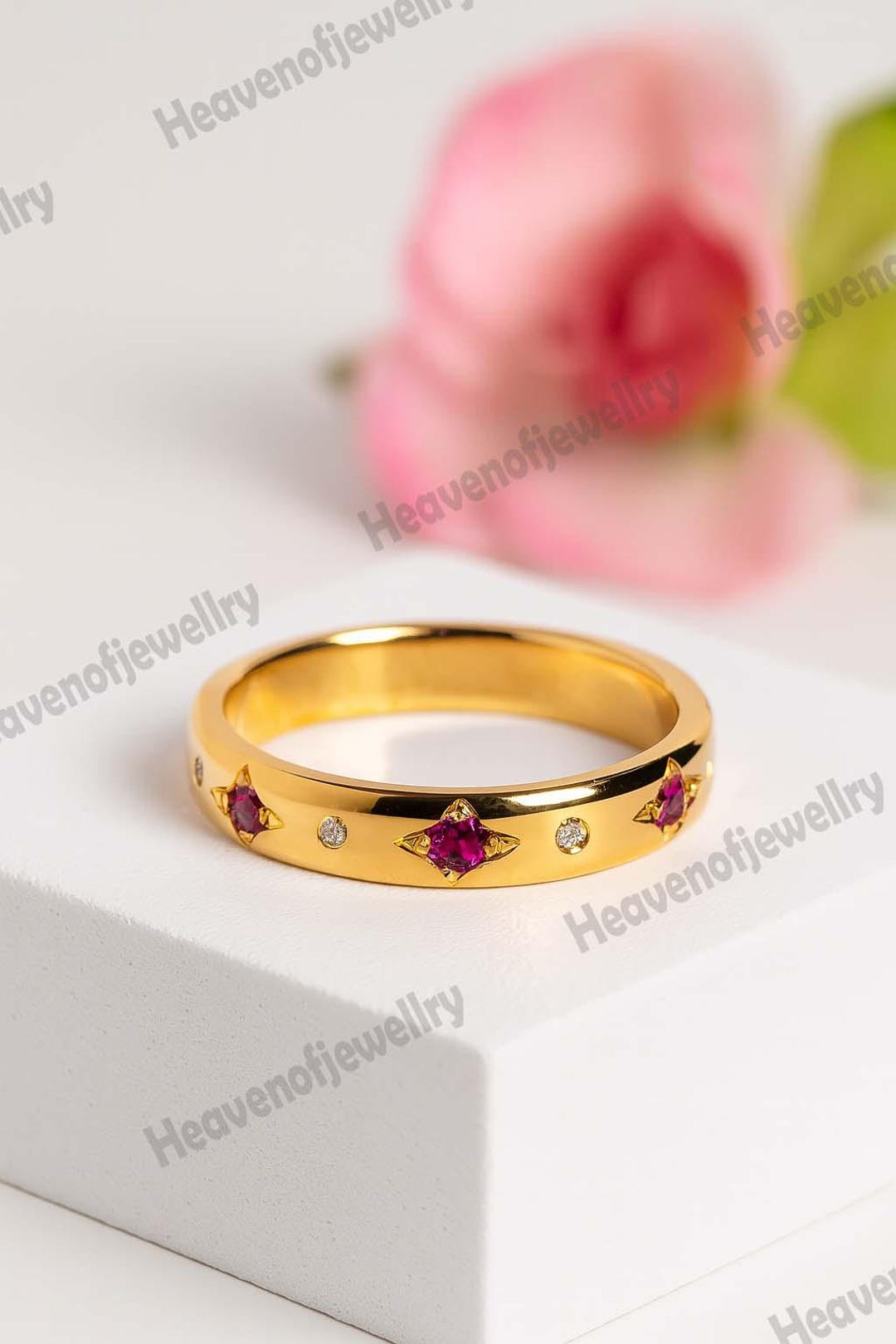 14k Solid Gold Ruby Wedding Band Thick Band Ring for Women Pave Ruby — free download
