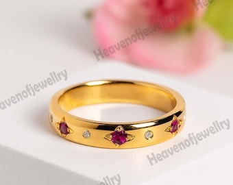 Anillo de bodas de oro macizo de 14 k con rubí, banda gruesa para mujer, anillo apilable con rubí pavé, delicados anillos de oro real, joyería hecha a mano, regalo de aniversario