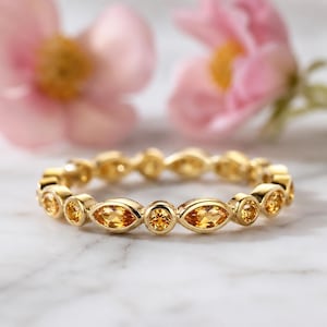 Citrine Eternity Band Ring, Marquise & Round Cut Wedding Band, November Birthstone Ring, Yellow Gold Stackable Ring