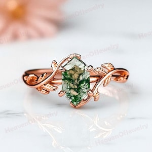 Leaf Branch Natural Moss Agate Ring Solid 14k Yellow Gold Bridal Ring Vintage Hexagon Cut Moss Agate Engagement Ring Promise Bridal Ring