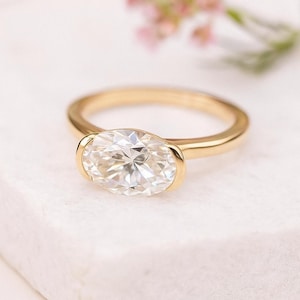 Oval Moissanite Ring – 10K Gold Half Bezel Solitaire | Wedding Engagement Gift for Women, Anniversary Jewelry, Promise Ring