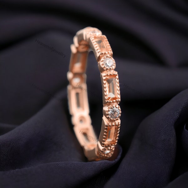 Morganite Wedding Band Baguette Cut Diamond, 14kRose Gold Half Eternity Band, CZ Diamond Stacking Ring Bridal Jewelry, Birthday Gift For Her