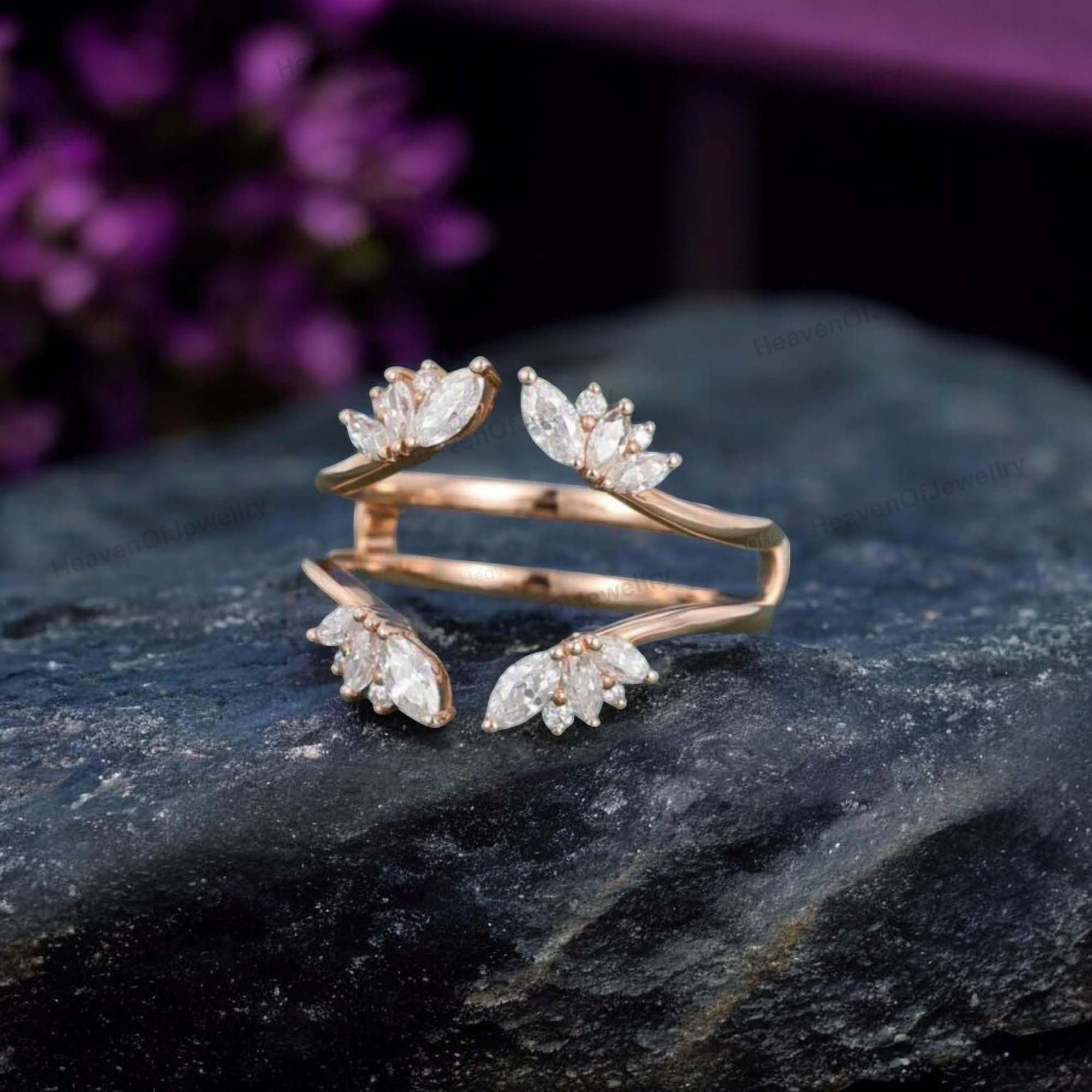 Marquise Moissanite Double Curved Wedding Band Rose Gold Art Deco ...