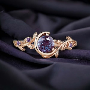 Einzigartige Runde Alexandrit Ring 14K Rosegold Halbmond Sternhaufen Verlobungsring Juni Geburtsstein Lila Amethyst Ring Jubiläumsgeschenk