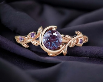 Unique Round Alexandrite Ring 14K Rose Gold Crescent Moon Star Cluster Engagement Ring June Birthstone Purple Amethyst Ring Anniversary Gift