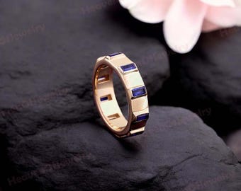 Thick Blue Sapphire and Diamond Eternity Band in 14K Solid White, Unique Design 3 mm Eternity Band, 14k Gold Moissanite Promise Rings Gift