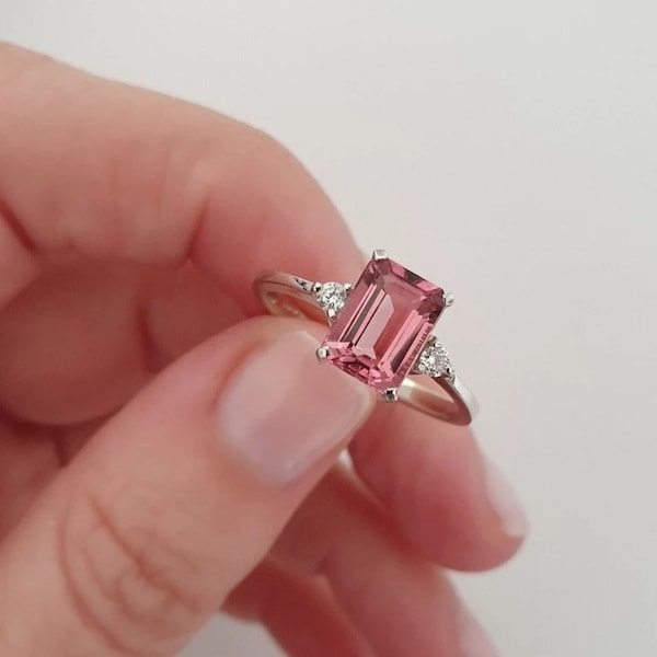 Pink Tourmaline Ring-Emerald Cut Tourmaline Ring-14K Gold Ring-Sterling Silver Ring-Statement Ring-Certified Stone Ring-October Birthstone