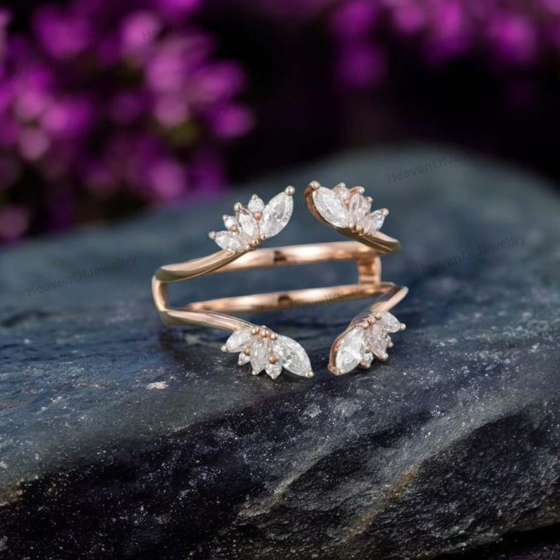 Marquise Moissanite Double Curved Wedding Band Rose Gold Art Deco ...