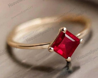 Princess Cut Ruby Ring • Square Red Gemstone Solitaire • Minimalist Gold Promise Ring • July Birthstone Engagement Jewelry