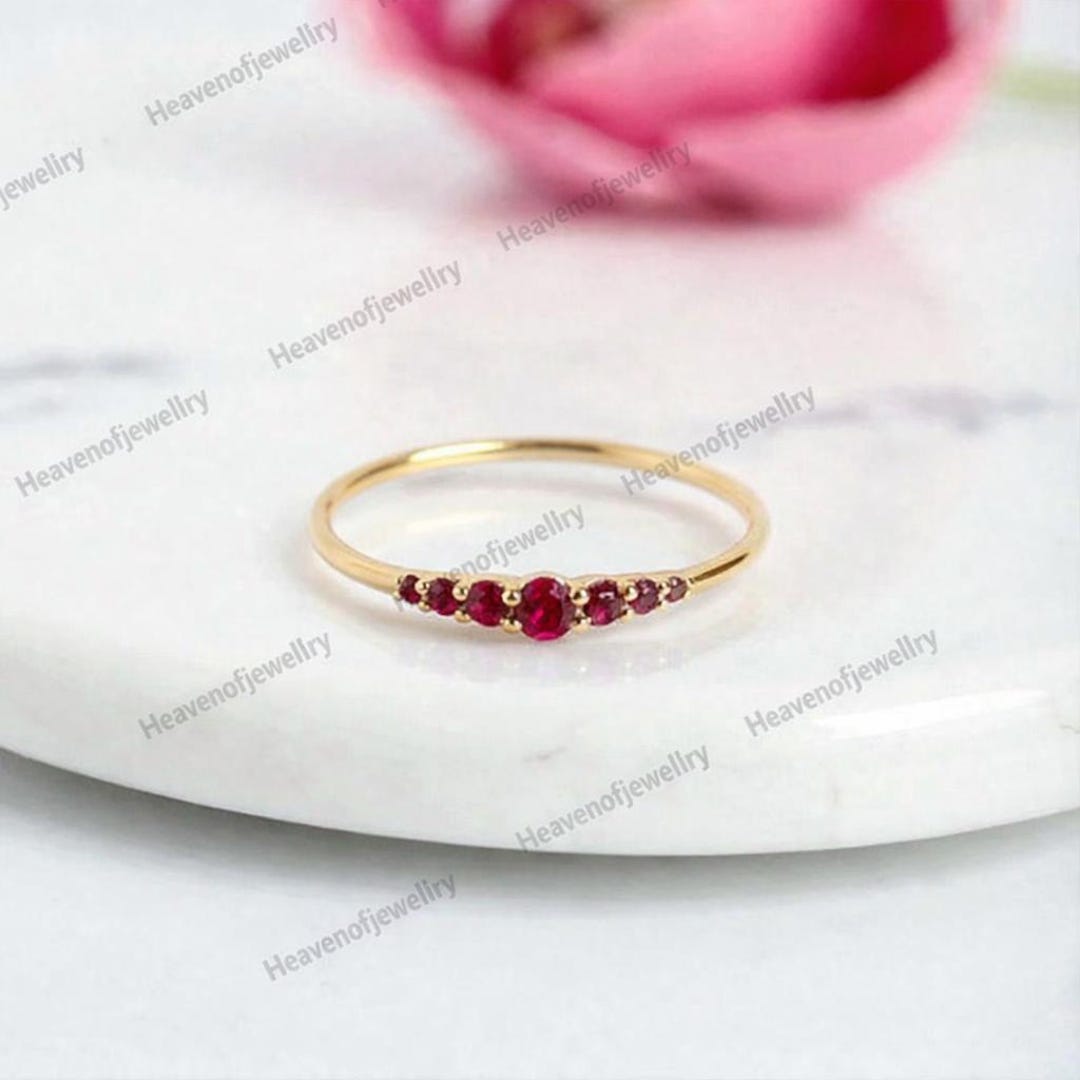 Round Cut Ruby Engagement Ring, Minimalist Ruby Wedding Band, 9K Yellow ...