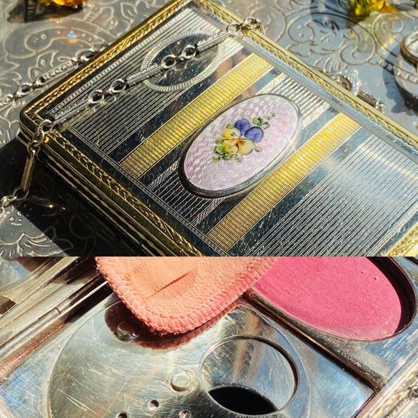 Classy Vintage compact purse powder  rouge mirror duo multi vanity compact gold silver floral enamel original makeup