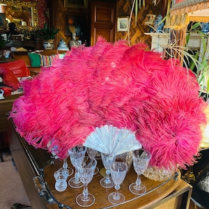 Gorgeous pink Antique large ostrich feather fan with mother of pearl handle! georgian or Art deco. burlesque, wall, dance fan Dita von teese