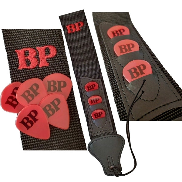 Custom made personalised signature guitar strap & 12 custom plectrums