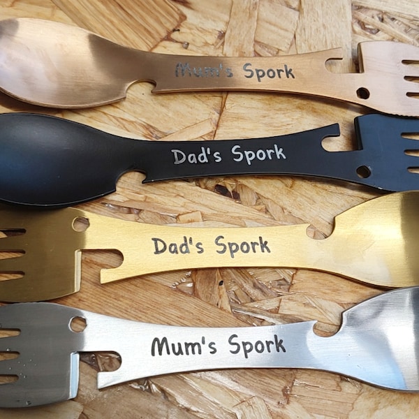 Laser Engraved Spork, multi tool, knife, fork and spoon