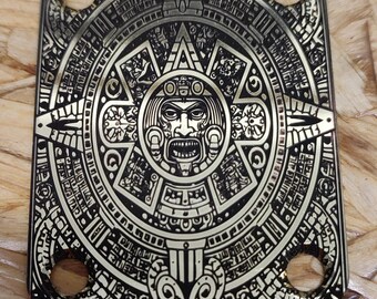 Guitar Neck Plate, Gold with Deep Black laser etch Aztec Design finish