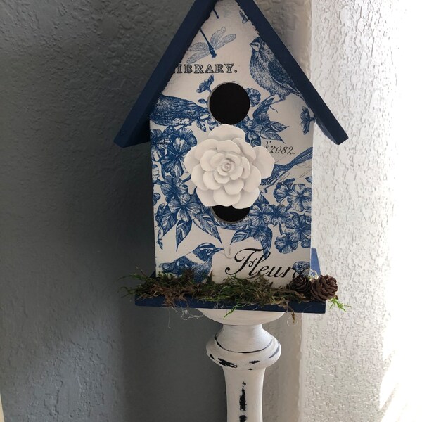 LARGER 8.5 hand painted and decorated birdhouse, blue and white for spring decorating/table arrangement or centerpiece