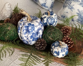 Set of 3, Blue floral chinoiserie style fall pumpkins
