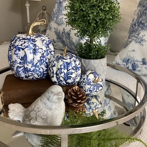 Set of 3,  blue and white floral  fall pumpkins
