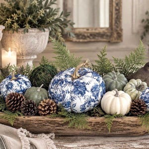 Set of 3 Blue Floral Toile Pumpkins, French Country Fall Decor