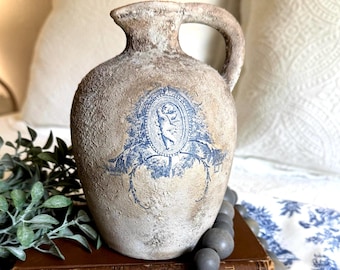 French Country Toile Cherub Vase, Hand-Altered Blue & White European Jug, Artistically Transformed Old World Cottage Decor