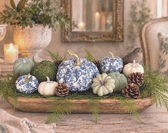 Set of 3,  blue and white floral  fall pumpkins