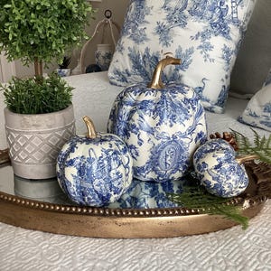 Set of 3, Blue French toile fall/Thanksgiving pumpkins