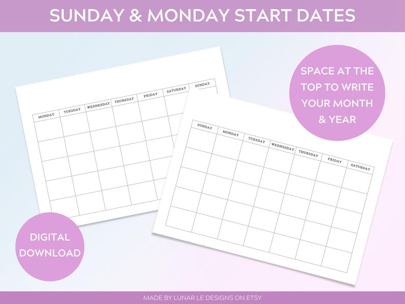 Blank Monthly Calendar Template Printable Sunday/monday - Etsy
