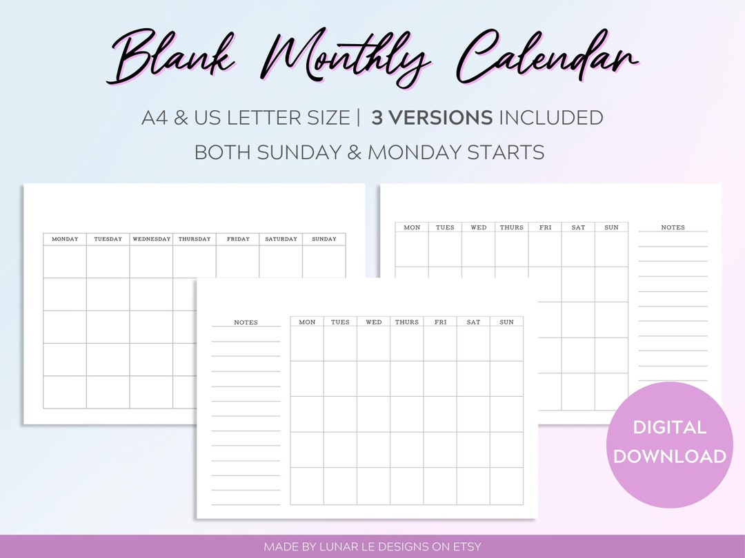 Blank Monthly Calendar Template Printable Sunday/monday - Etsy
