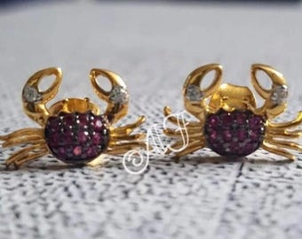 Ruby Diamond Crab Stud Earrings: 14K Yellow Gold Finish
