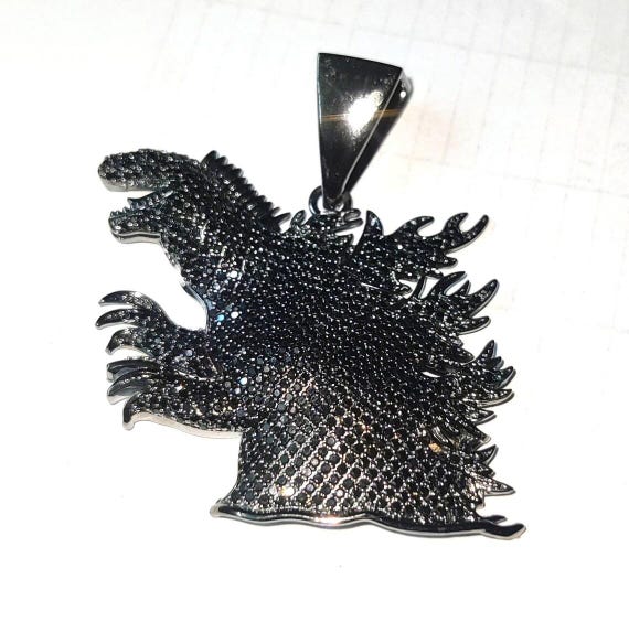 Simulated Black Onyx Diamond Godzilla Pendant: 925 Sterling Silver