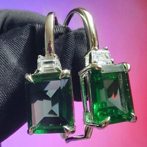Emerald Drop Earrings Simulated Green Emerald Diamond 14K White Gold Plated 925 Sterling Silver, Drop Dangle Earrings, For Birthday Gift