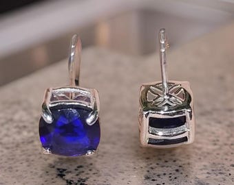 Cushion Simulated Blue Sapphire Stud Earrings: 925 Silver, 14K White Gold Finish