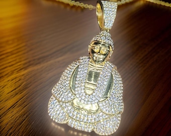 Moissanite Buddha Pendant: 14k Yellow Gold Finish, Iced Out Hip Hop