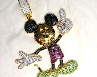 Gemstone Mickey Mouse Pendant: Simulated Diamond, 14K Yellow Gold Finish, Sterling Silver