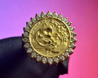 Panda Coin Ring: Simulated Diamond, 14K Yellow Gold Plated 925 Silver