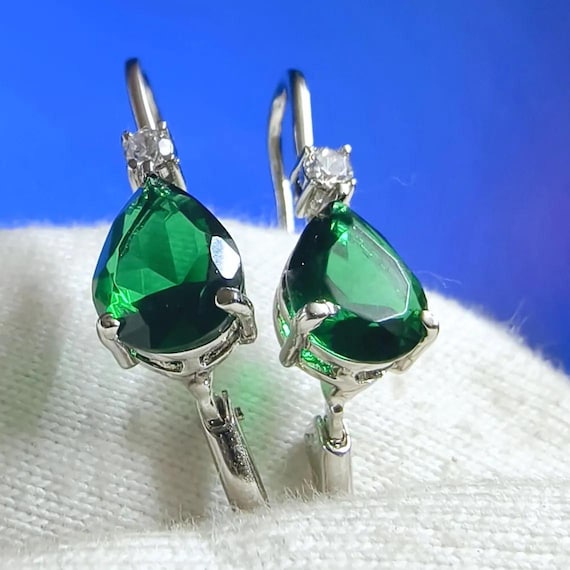 Emerald Dangle Earrings: Pear Cut Green Simulated Gem, Sterling
