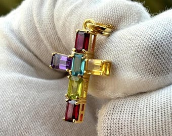 2.50Ct Emerald Cut Multicolor Cross Pendant 14K Yellow Gold Finish 18&quot; Free Chain 925 Sterling Silver Pendant For Special Occasion