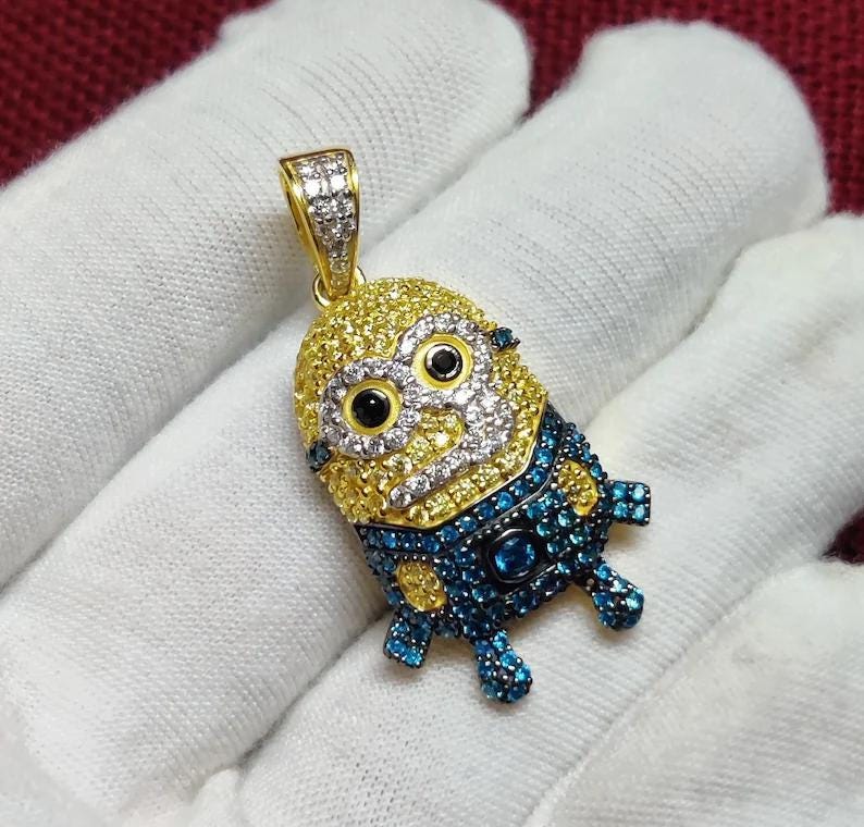 2.45ct Round Yellow & Blue Diamond Minion Pendant: Hip Hop Cartoon