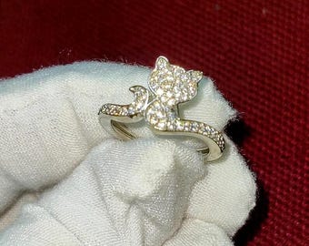 Moissanite Cat Engagement Ring: 1Ct Round Cut, 14K White Gold Finish