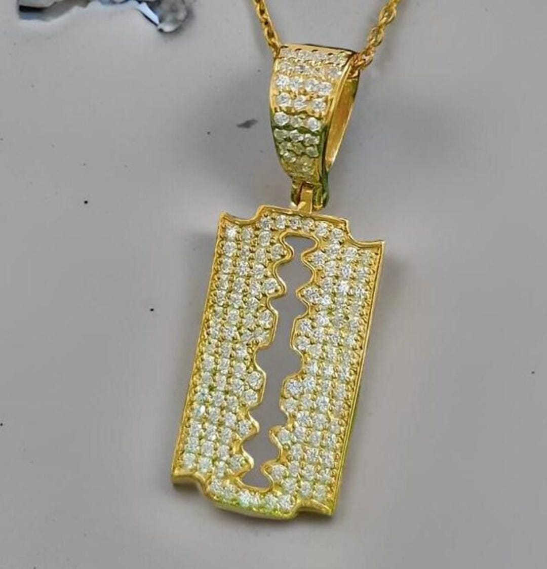 Simulated Diamond Razor Blade Pendant: 14K Yellow Gold Plated 925
